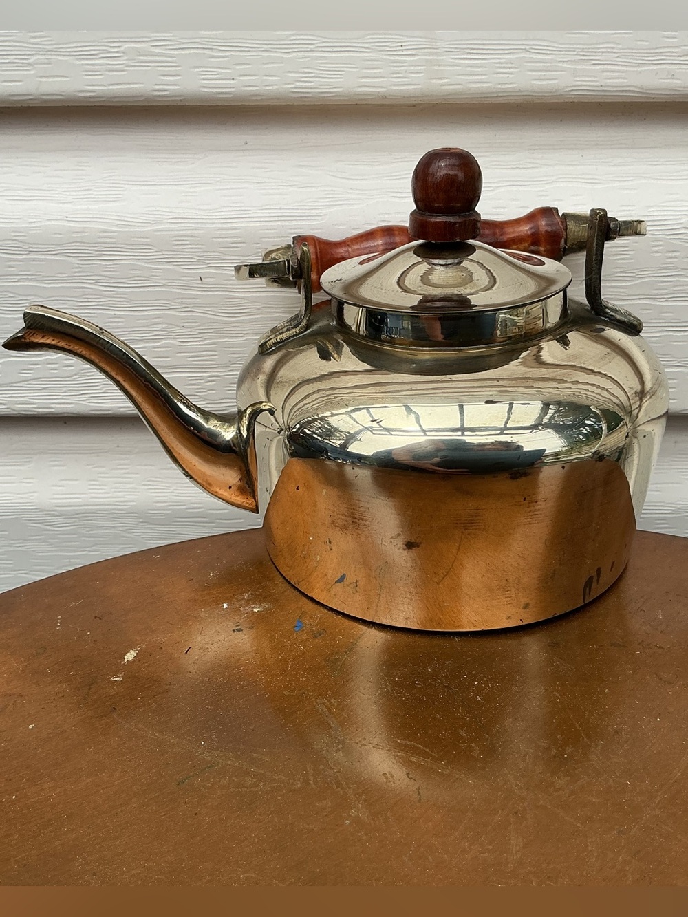 Vintage brass small Tea Kettle with Wood Handle